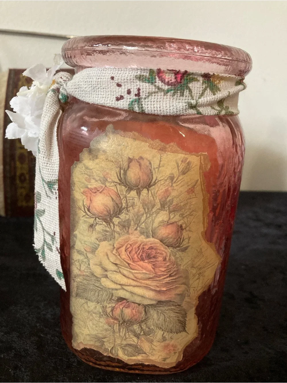 Handcrafted Pink Glass Decorative Flicker Light Jar with Floral Accent